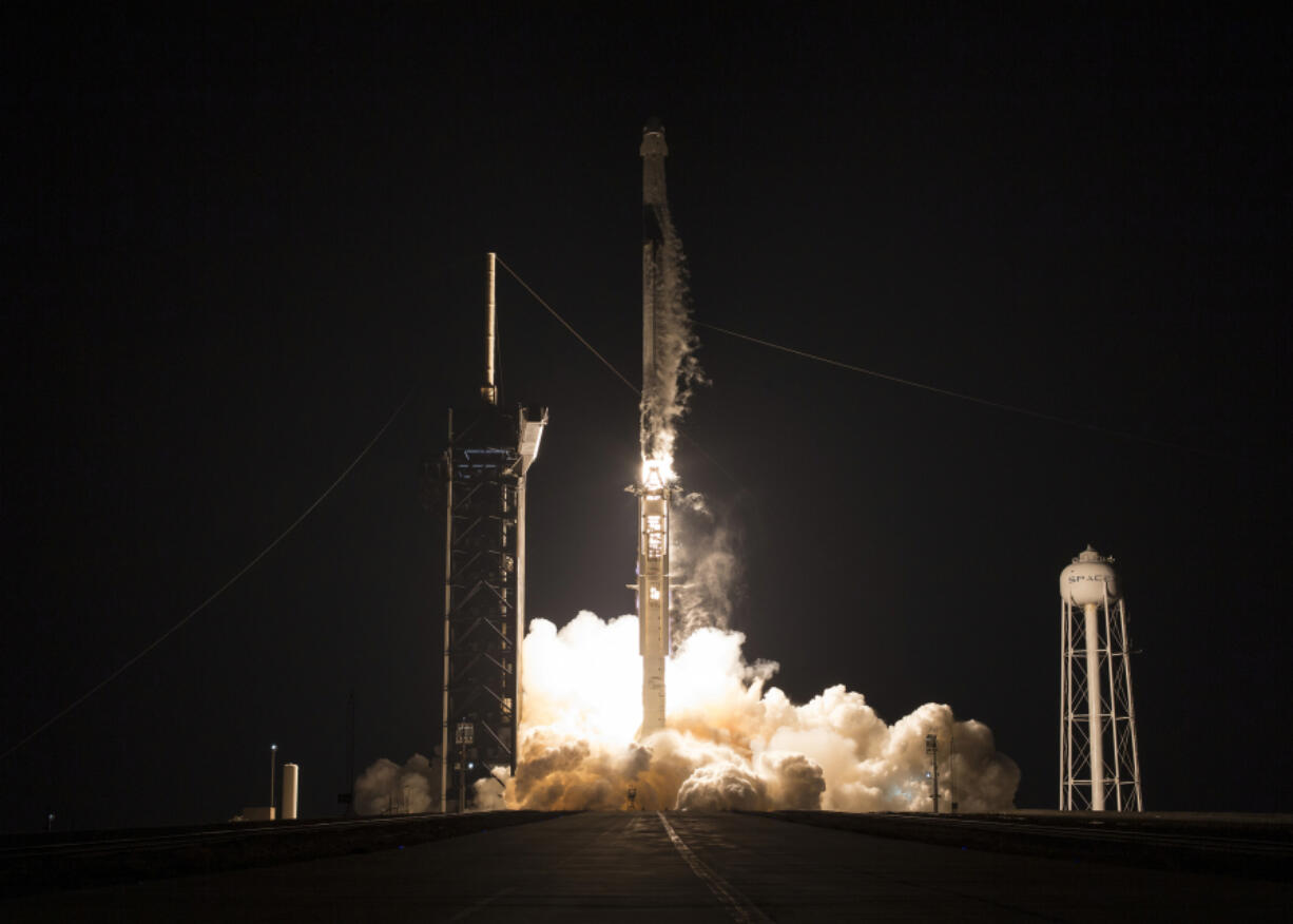 In this handout provided by the National Aeronautics and Space Administration (NASA), A SpaceX Falcon 9 rocket carrying the company&rsquo;s Crew Dragon spacecraft is launched on NASAs SpaceX Crew-4 mission to the International Space Station with NASA astronauts Kjell Lindgren, Robert Hines, Jessica Watkins, and ESA (European Space Agency) astronaut Samantha Cristoforetti onboard, on April 27, 2022, at the Kennedy Space Center in Cape Canaveral, Florida.