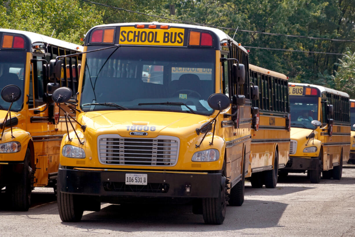 School busses sit at the Alltown Bus Service yard on the first day of classes for Chicago&rsquo;s public schools on Aug. 21, 2023, in Chicago, Illinois.