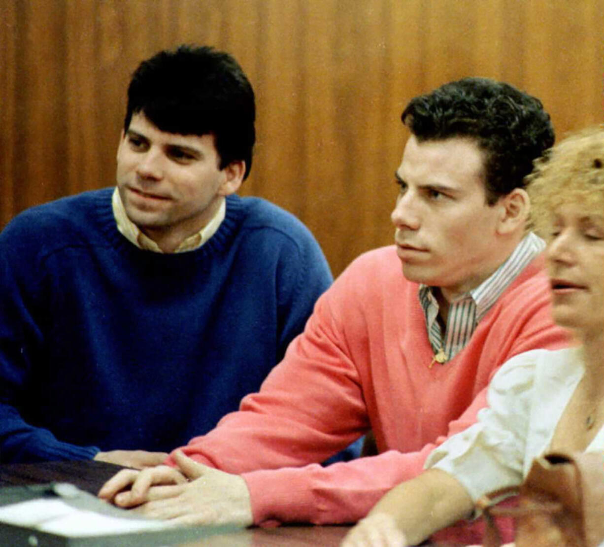 Double murder defendants Erik, right, and Lyle Menendez during a court appearance in 1992 in Los Angeles.