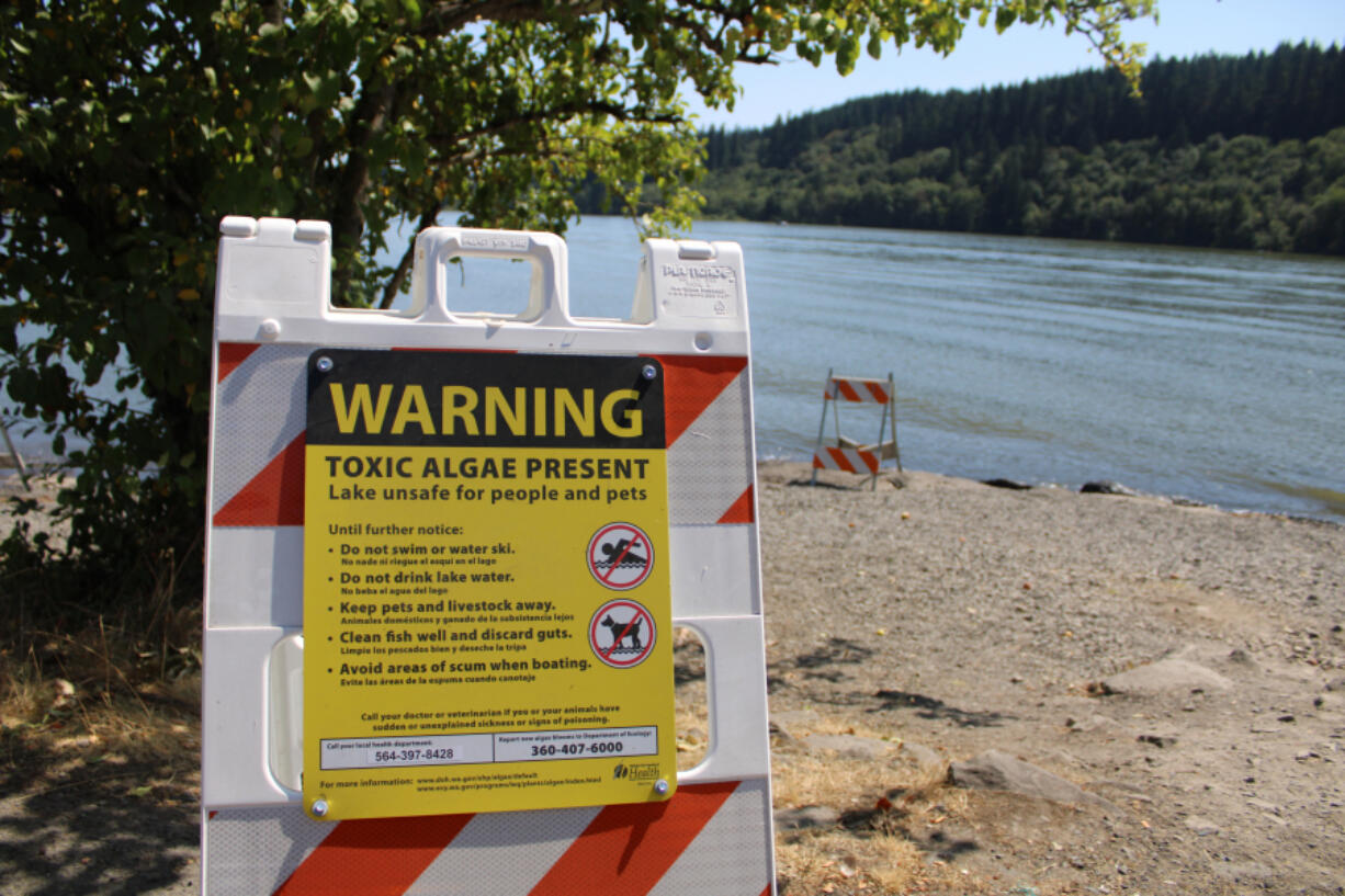 A sign warns visitors of a toxic algal bloom at Lacamas Lake in Camas in July 2020.