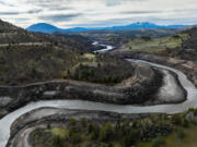 The Klamath River runs free through the former Iron Gate Reservoir, cutting through sediments to the river&rsquo;s original course on Wednesday, Feb. 28, 2024, in Hornbrook, California.