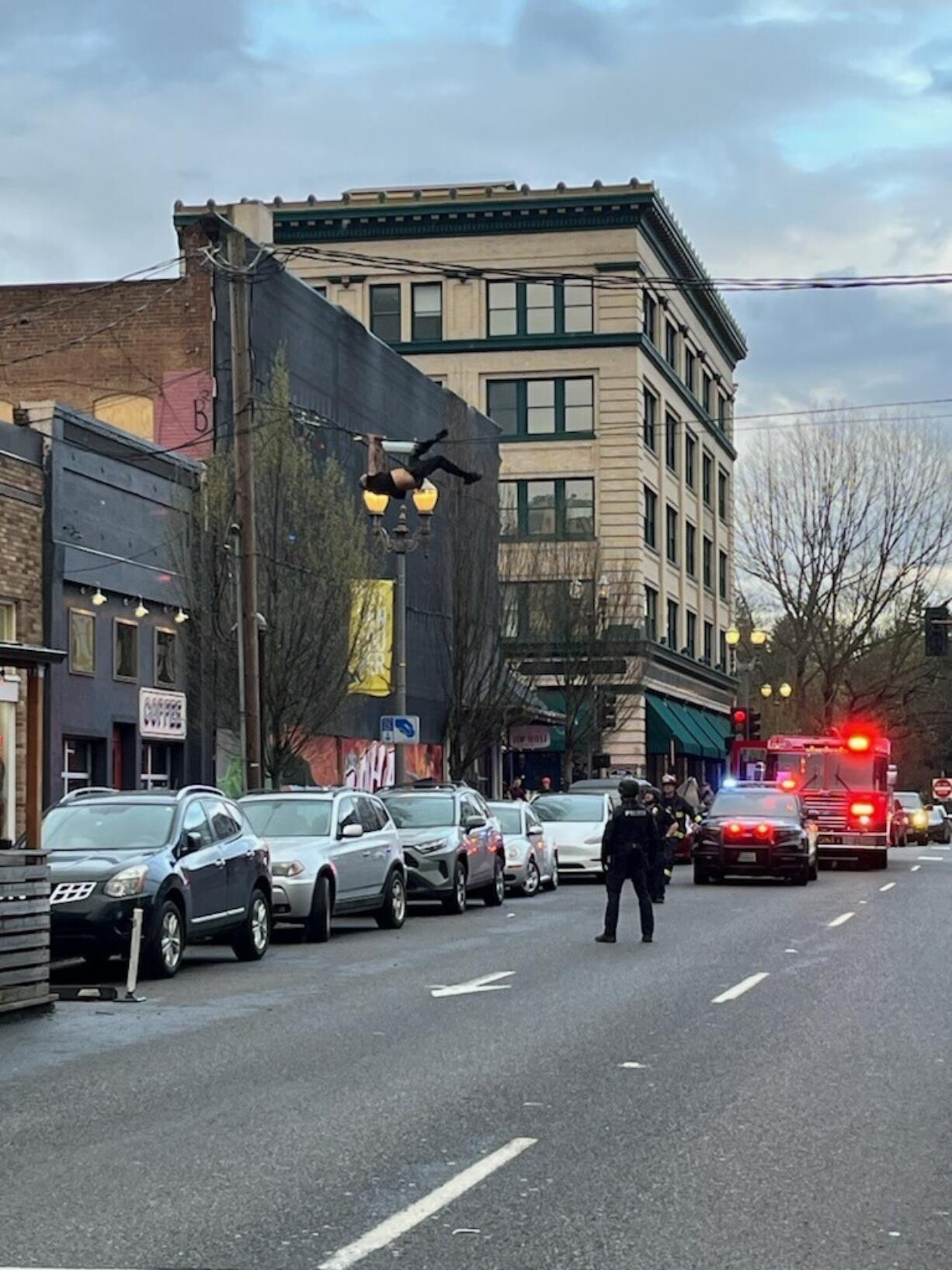 The Vancouver Fire Department was called to help Vancouver police at 6 p.m. Saturday with a man on the roof of Little Conejo, 114 W. Sixth St. The man then climbed out onto communication wires above the street.