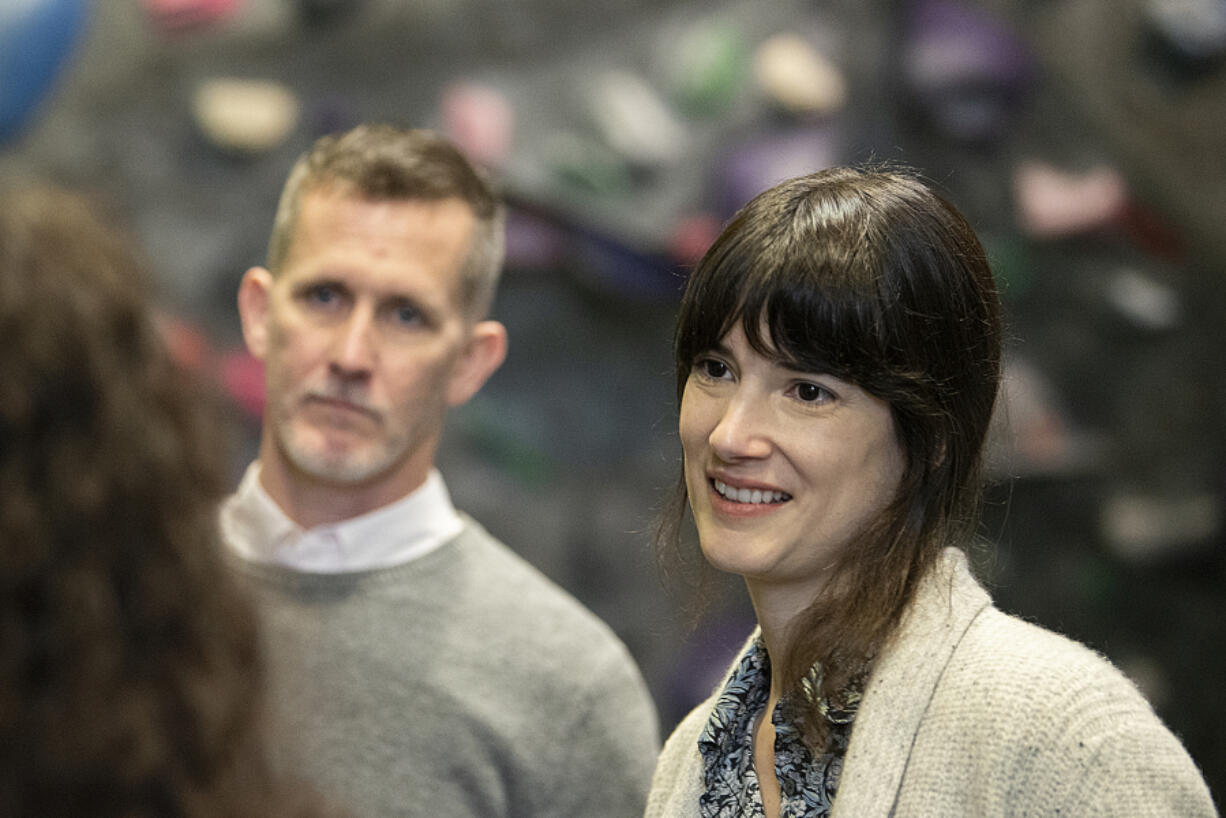 Michael Lary, co-owner of the Source Climbing Center, joined Rep. Marie Gluesenkamp Perez on a 2023 visit in downtown Vancouver.