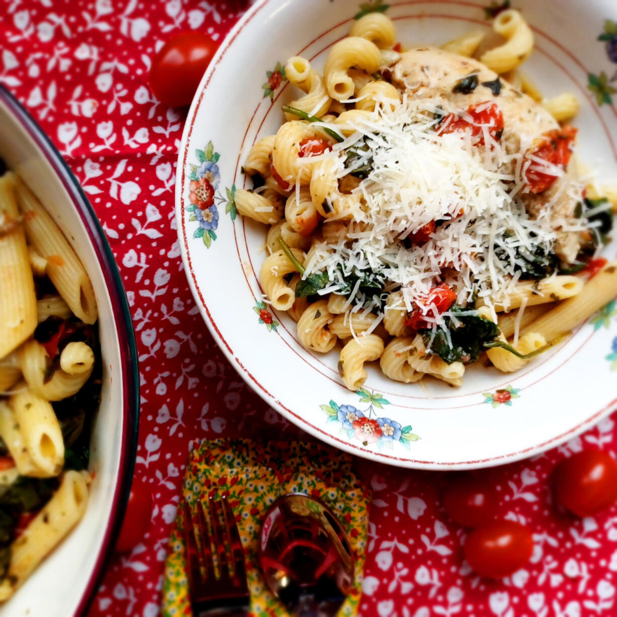 With a pound of cherry tomatoes, fresh basil, spinach and lots of garlic, this dinner has a lot of flavor but only 2 or 3 tablespoons of olive oil.