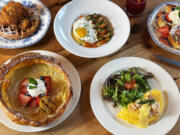 Chicken and waffle, shrimp and grits, seafood omelette and Dutch baby from Cecilia.