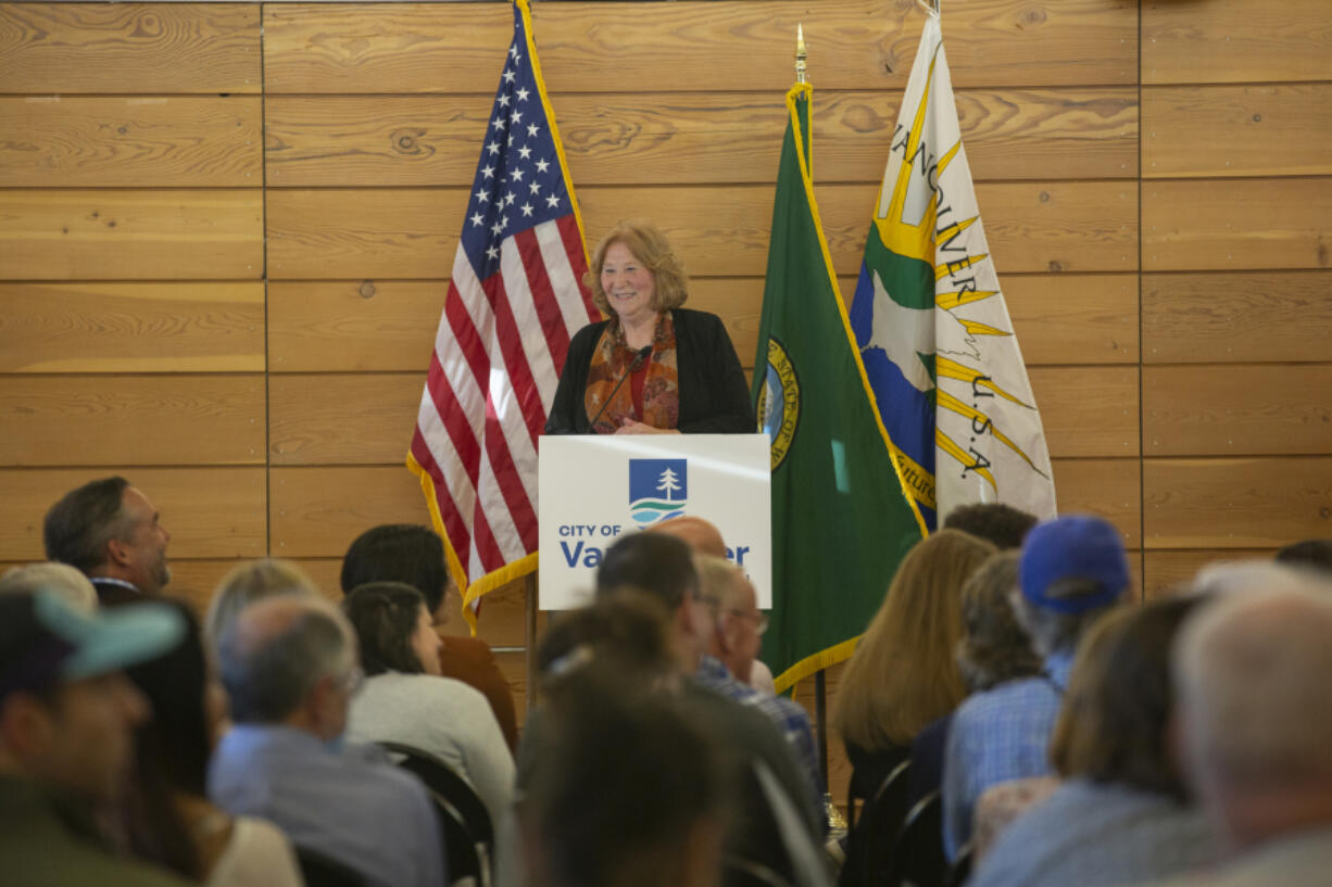 Vancouver Mayor Anne McEnerny-Ogle addresses more than 100 community members gathered for the 2024 State of the City at the Firstenburg Community Center on Monday, only the second in-person address since the COVID-19 pandemic.