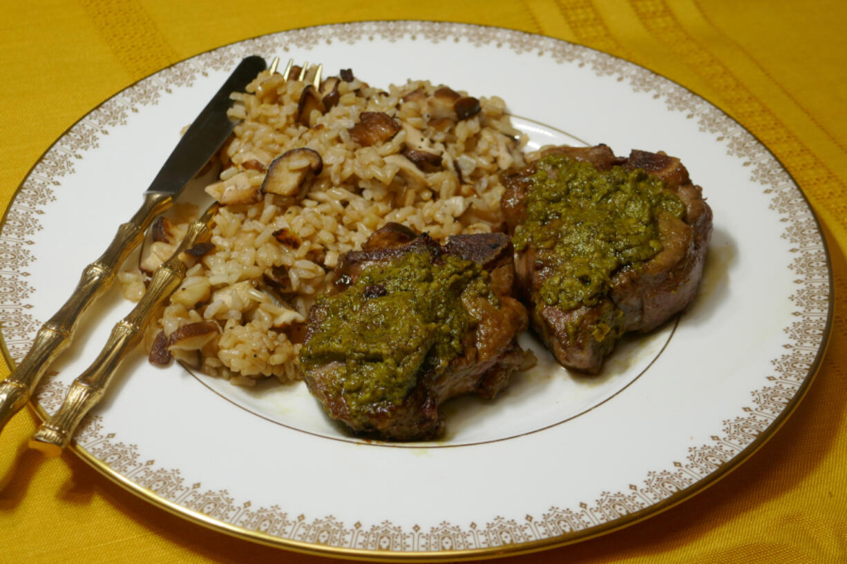 Pesto Lamb with Wild Mushroom Rice.