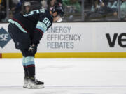 Seattle Kraken forward Andre Burakovsky skates off the ice after the team's 4-1 loss to the Nashville Predators in an NHL hockey game Saturday, March 16, 2024, in Seattle.