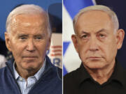 This combination photo shows President Joe Biden, left, on March 8, 2024, in Wallingford, Pa., and Israeli Prime Minister Benjamin Netanyahu in Tel Aviv, Israel, Oct. 28, 2023. Biden and Netanyahu spoke Monday, March 18,  in their first interaction in more than a month as the divide has grown between allies over food crisis in Gaza, conduct of war.