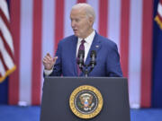 President Joe Biden delivers a speech during an event at a YMCA, Monday, March 11, 2024, in Goffstown, N.H.