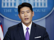 FILE - Principal Associate Deputy Attorney General Robert Hur speaks during a press briefing at the White House in Washington, July 27, 2017. The special counsel who impugned the president&rsquo;s age and competence in his report on how Joe Biden handled classified documents will himself be up for questioning this week. Hur, now the U.S. attorney appointed by Donald Trump, is scheduled to testify before a congressional committee on Tuesday, March 12, 2024, as House Republicans try to keep the spotlight on unflattering assessments of Biden.