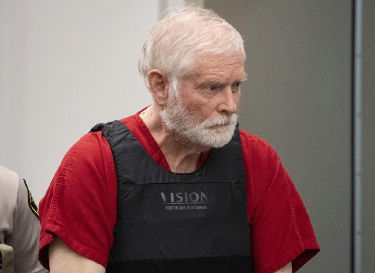 FILE - George Alan Kelly enters court for his preliminary hearing in Nogales Justice Court in Nogales, Ariz., Feb. 22, 2023. The Arizona rancher goes on trial Friday, March 22, 2024, in the fatal shooting of a migrant on his property near the boundary with Mexico.