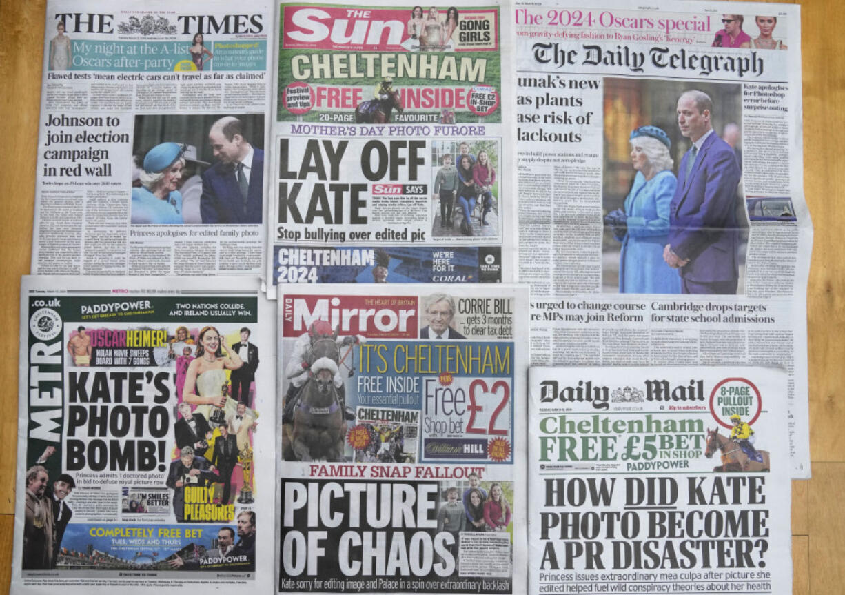 A montage of some of the front pages of Britain&rsquo;s newspapers, in London, Tuesday, March 12, 2024. The Princess of Wales has apologized for &ldquo;confusion&rdquo; caused by her altering of a family photo released by the palace. The image of Kate and her children was intended to calm concern and speculation about the princess&rsquo;s health, but had the opposite effect. Several news agencies that initially published the photo, including The Associated Press, withdrew the image over concerns about digital manipulation.