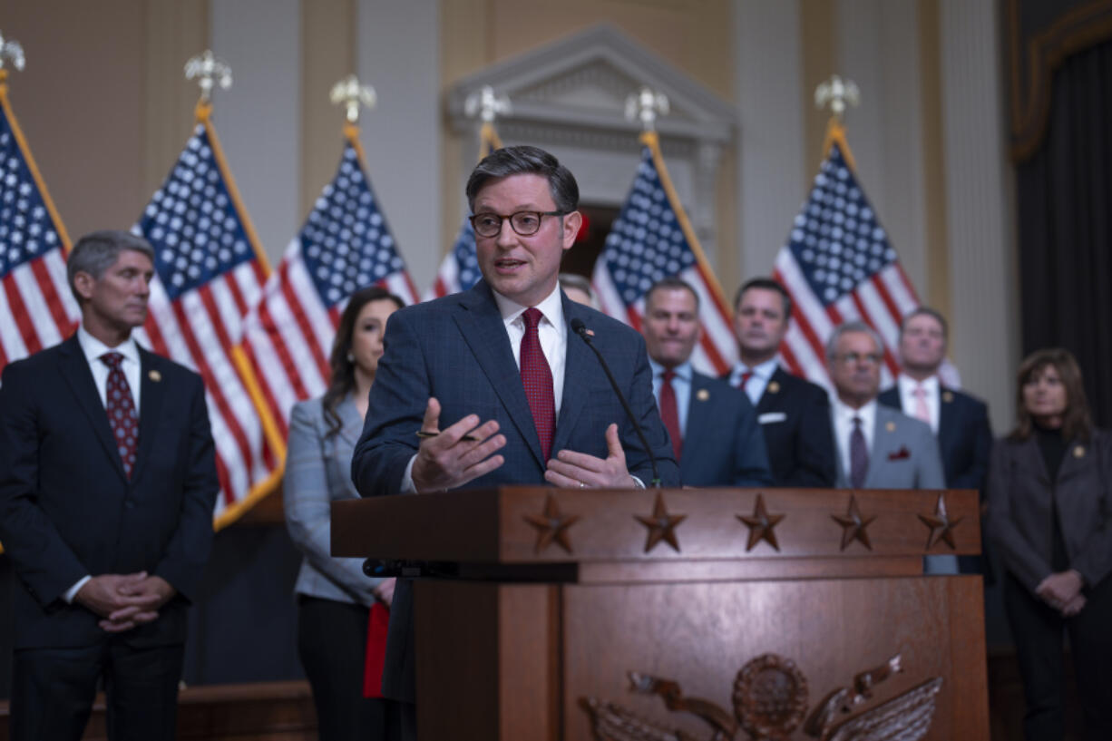 Speaker of the House Mike Johnson, R-La., joined by fellow Republicans, speaks during a news conference at the Capitol in Washington, Wednesday, March 6, 2024. The House is expected to vote to keep money flowing to scores of federal agencies before a midnight Friday shutdown deadline. A significant number of House Republicans oppose the measure, forcing Johnson to use an expedited process to bring the bill up for a vote. That process requires two-thirds of the House to vote for the measure for it to pass. (AP Photo/J.