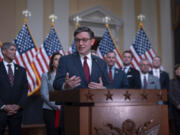 Speaker of the House Mike Johnson, R-La., joined by fellow Republicans, speaks during a news conference at the Capitol in Washington, Wednesday, March 6, 2024. The House is expected to vote to keep money flowing to scores of federal agencies before a midnight Friday shutdown deadline. A significant number of House Republicans oppose the measure, forcing Johnson to use an expedited process to bring the bill up for a vote. That process requires two-thirds of the House to vote for the measure for it to pass. (AP Photo/J.