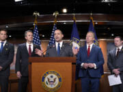 Rep. Bob Good, R-Va., center, is joined by, from left, Rep. Rich McCormick, R-Ga., Rep. Ben Cline, R-Va., Rep. Kevin Hern, R-Okla., and Rep. Eric Burlison R-Mo., as the Republican Study Committee meets with reporters to announce their response to President Biden&rsquo;s 2025 budget, at the Capitol in Washington, Thursday, March 21, 2024. (AP Photo/J.