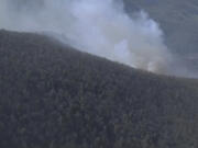 Smoke fills the sky from a wildfire in Shenandoah National Park near Luray, Va. on Thursday, March 21, 2024.  Officials say crews are battling scores of wildfires around Virginia, including a fire affecting hundreds of acres at Shenandoah National Park.