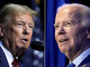 FILE - This combo image shows Republican presidential candidate former President Donald Trump, left, March 9, 2024 and President Joe Biden, right, Jan. 27, 2024.