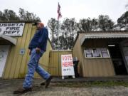 Robert Ward leaves the volunteer fire station after voting during a primary election, Tuesday, March 5, 2024, in Cusseta, Ala. Fifteen states and a U.S. territory hold their 2024 nominating contests on Super Tuesday.