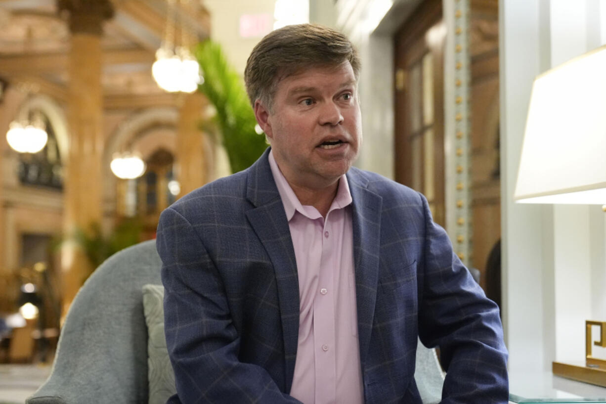 Democratic presidential candidate Jason Palmer speaks during an interview at a Washington hotel in Washington, Tuesday, March 5, 2024. Palmer, an unknown candidate, won the Democratic primary in American Samoa.