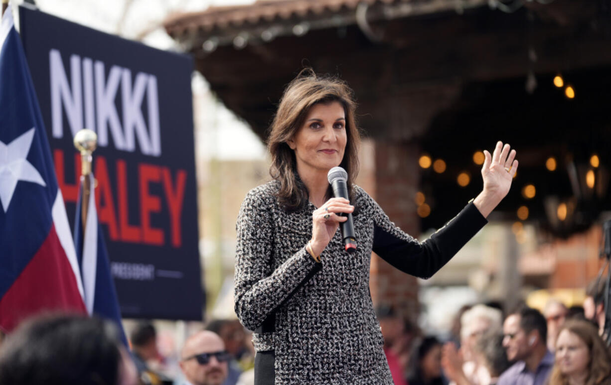 Republican presidential candidate former UN Ambassador Nikki Haley speaks during a campaign stop, Friday, Feb. 16, 2024, in San Antonio.