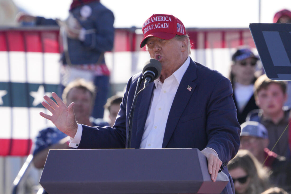 Republican presidential candidate and former President Donald Trump speaks at a campaign rally Saturday, March 16, 2024, in Vandalia, Ohio.