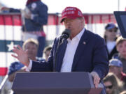 Republican presidential candidate and former President Donald Trump speaks at a campaign rally Saturday, March 16, 2024, in Vandalia, Ohio.