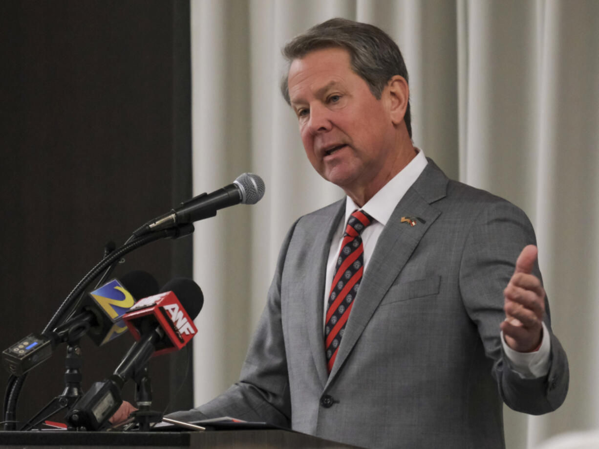 Georgia Gov. Brian Kemp speaks to the attendees at the Athens Area Chamber of Commerce&#039;s Pancakes and Policy Breakfast addressing recent events in the state and provided updates on matters such as the economy and public safety Monday, Feb. 26, 2024, in Athens, Ga.