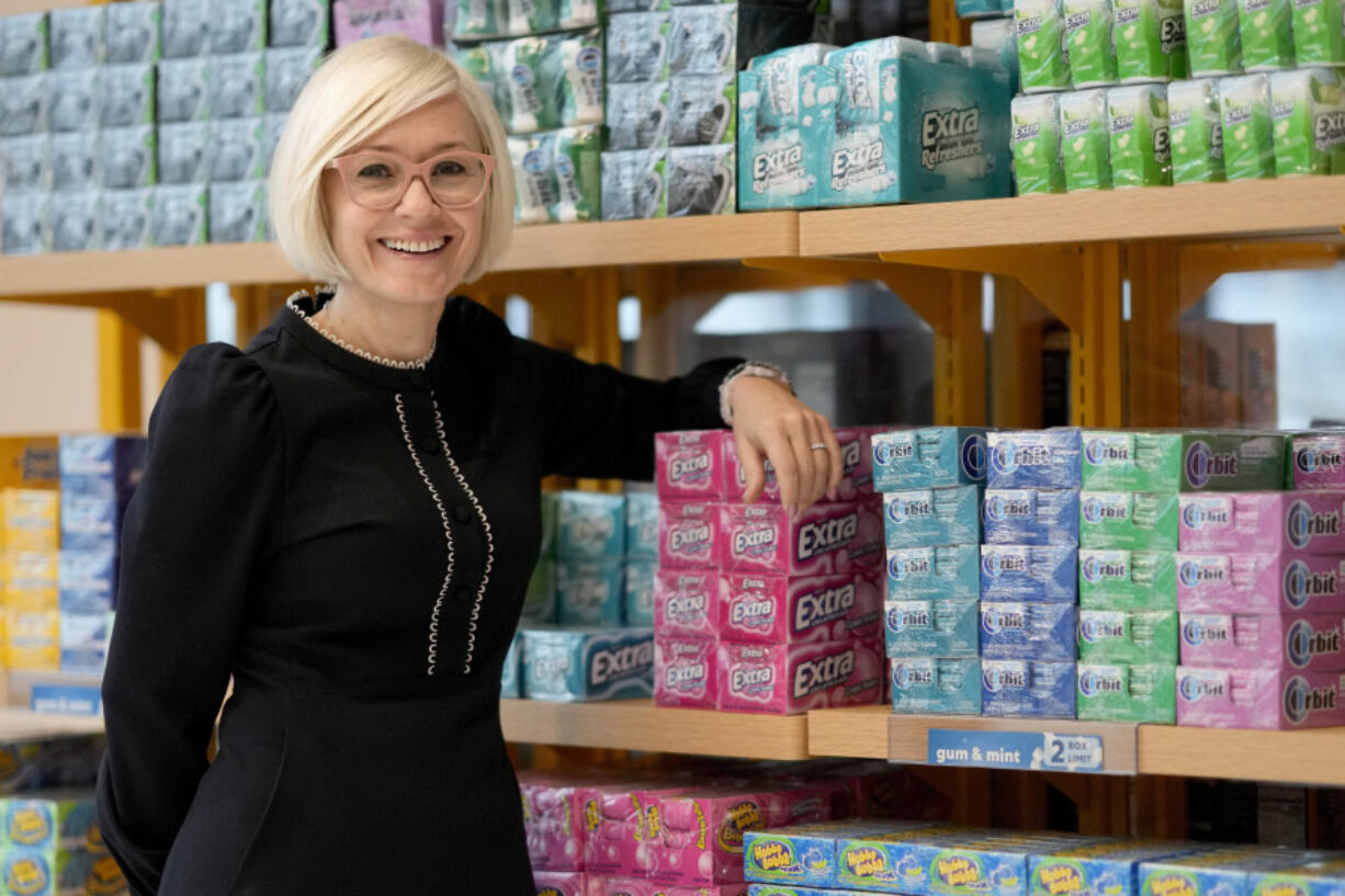 Alyona Fedorchenko, vice president for global gum and mints in the Mars Snacking division stands for a portrait at the company&rsquo;s employee store Tuesday, Jan. 23, 2024, in Chicago. From stress relief to concentration aid, gum makers look for ways to make Americans chew again. Mars Inc., which owns the 133-year-old Wrigley brand, thinks it may have an answer: repositioning gum as an instant stress reliever rather than an occasional breath freshener.