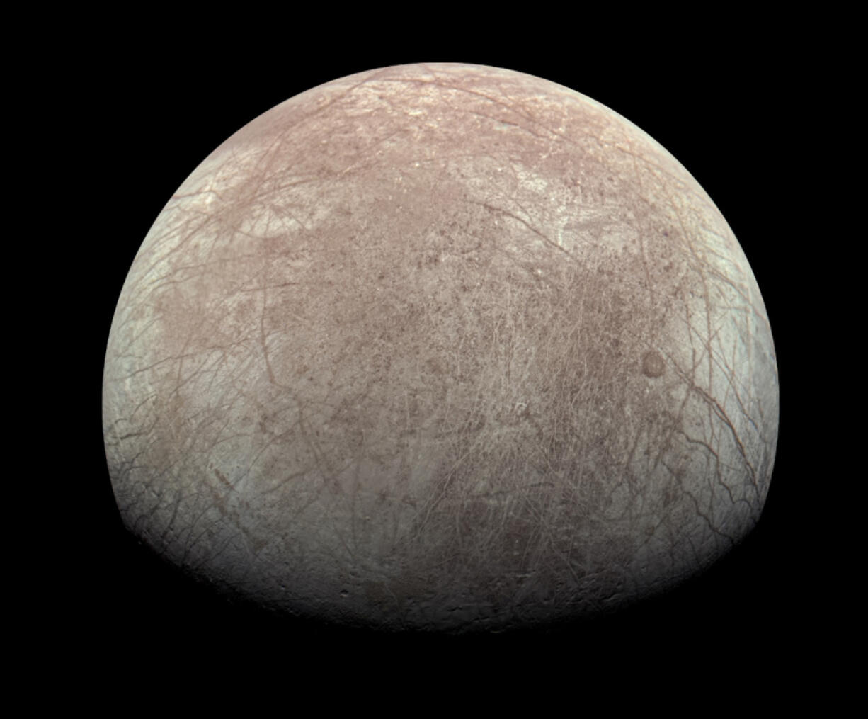 Jupiter&rsquo;s moon Europa is captured by the Juno spacecraft on Sept. 29, with north to the left. Research published March 4 suggests there&rsquo;s less oxygen on the icy surface of Europa than previously thought. (Kevin M.