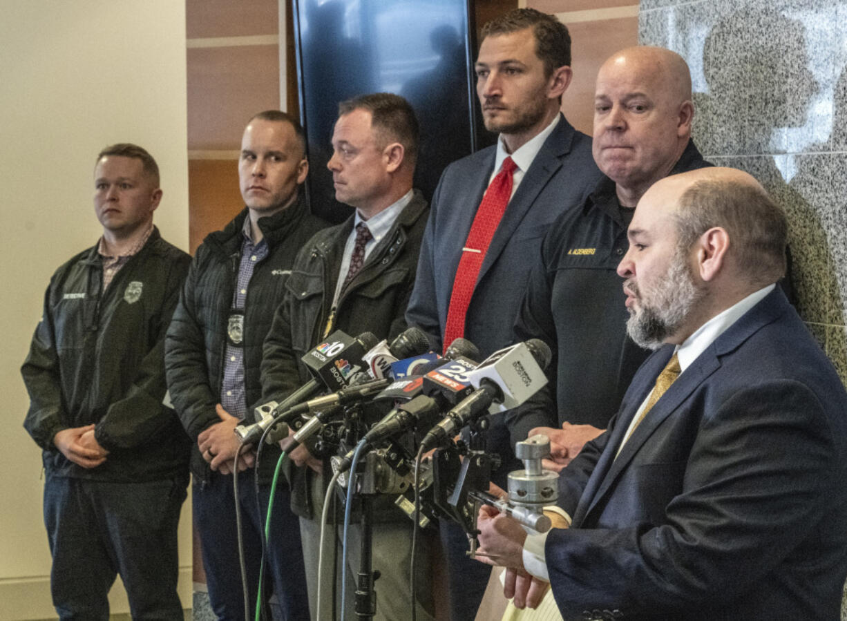 New Hampshire Senior Assistant Attorney General Ben Agati speak to the media at Hillsborough County Superior Court, Thursday, Feb. 22, 2024, in Manchester, N.H. Adam Montgomery has been convicted of second-degree murder in the death of his 5-year-old daughter. Police believe Harmony Montgomery was killed nearly two years before she was reported missing in 2021.