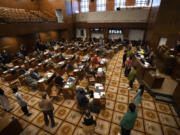 The Portland State University chamber choir sings &quot;Hallelujah&quot; on the first day of the legislative session at the Oregon state Capitol, Monday, Feb. 5, 2024, in Salem, Ore.