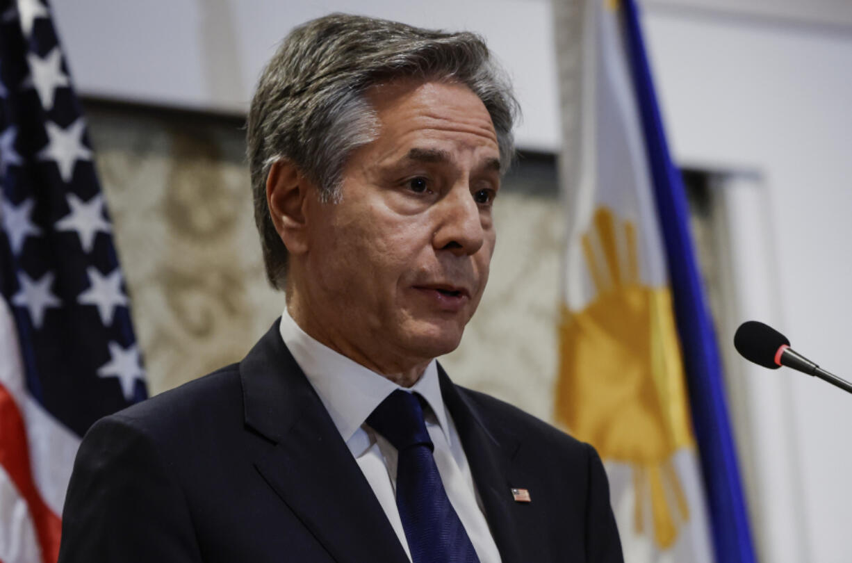 U.S. Secretary of State Antony Blinken and Philippines&rsquo; Secretary of Foreign Affairs Enrique Manalo, not pictured, hold a joint press conference, at the Sofitel Hotel in Manila, Philippines, March March 19, 2024.