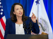 FILE - Sen. Maria Cantwell, D-Wash., speaks at an event, Aug. 15, 2023, in Seattle. TikTok&rsquo;s extensive lobbying campaign is the latest tech industry push since the House passed legislation that would ban the popular app if its China-based owner doesn&rsquo;t sell its stake. Cantwell, the Senate Commerce Committee Chairwoman, has so far been reluctant to embrace the TikTok bill, calling for hearings first and suggesting that the Senate may want to rewrite it.