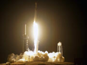 A SpaceX Falcon 9 rocket and Dragon capsule with a crew of four on a mission to the International Space Station lifts off from pad 39A at the Kennedy Space Center in Cape Canaveral, Fla., Sunday, March 3, 2024.