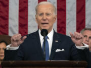 FILE - President Joe Biden delivers the State of the Union address to a joint session of Congress at the U.S. Capitol, Feb. 7, 2023, in Washington, as Vice President Kamala Harris and House Speaker Kevin McCarthy of Calif., listen. Biden is set to use his State of the Union address to promote his vision for a second term to a dispirited electorate that questions whether he&rsquo;s up to the job and to warn that GOP frontrunner Donald Trump would be a dangerous alternative.