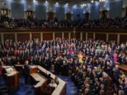 FILE - President Joe Biden delivers his State of the Union speech to a joint session of Congress, at the Capitol in Washington, Feb. 7, 2023. A poll shows that a growing share of U.S. adults doubt that 81-year-old President Joe Biden has the memory and acuity for the job. That means Biden&rsquo;s upcoming State of the Union address could be something of a real-time audition as he bids for a second term.  (AP Photo/J.