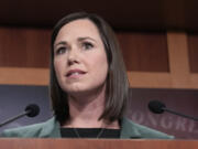 FILE - Sen. Katie Britt, R-Ala.,, speaks during a news conference on the border, Feb. 15, 2023, on Capitol Hill in Washington. Britt will deliver the Republican response to President Joe Biden&rsquo;s State of the Union speech on Thursday, March 7, 2024. She is the youngest female senator and the first woman elected to the Senate from Alabama.