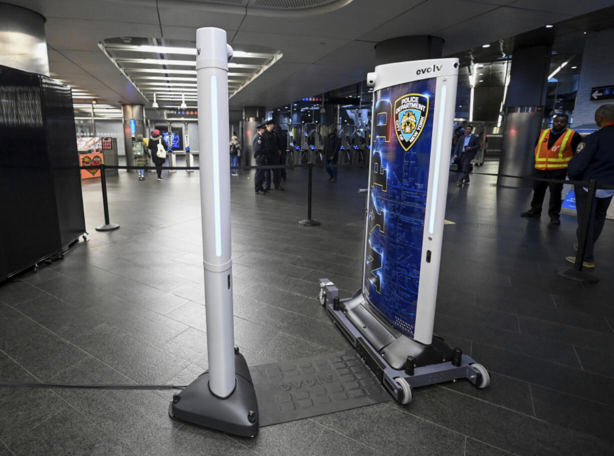 In this photo provided by The Metropolitan Transportation Authority (MTA), new weapon detectors that can be deployed at subway entrances are displayed during a news conference in New York, March 28, 2024. New York City officials announced a pilot program on Thursday to deploy portable gun scanners in the subway system, part of an effort to deter violence underground and to make the system feel safer. (Marc A.