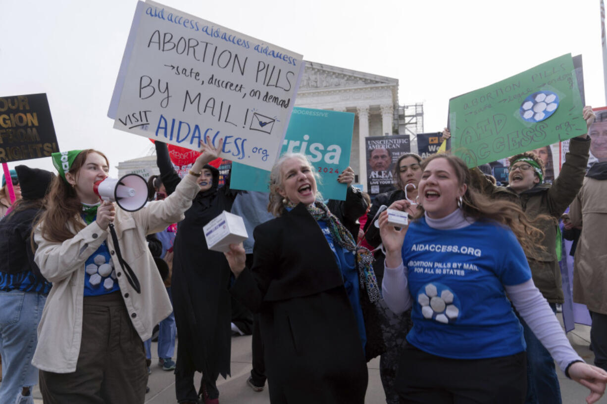 Abortion-rights activists rally outside of the Supreme Court, Tuesday, March 26, 2024, in Washington. The Supreme Court is hearing arguments in its first abortion case since conservative justices overturned the constitutional right to an abortion two years ago. At stake in Tuesday&rsquo;s arguments is the ease of access to a medication used last year in nearly two-thirds of U.S. abortions.