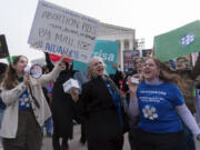 Abortion-rights activists rally outside of the Supreme Court, Tuesday, March 26, 2024, in Washington. The Supreme Court is hearing arguments in its first abortion case since conservative justices overturned the constitutional right to an abortion two years ago. At stake in Tuesday&rsquo;s arguments is the ease of access to a medication used last year in nearly two-thirds of U.S. abortions.