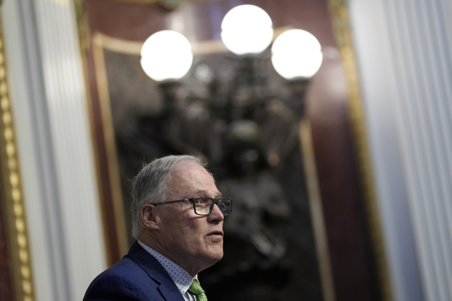 Washington Gov. Jay Inslee speaks during a signing ceremony in Washington, Friday, Feb. 23, 2024. Inslee closed out the final day of his last legislative session, Thursday, March 7, 2024, as Washington state governor by describing it as a banner year in the state&rsquo;s fight against climate change.