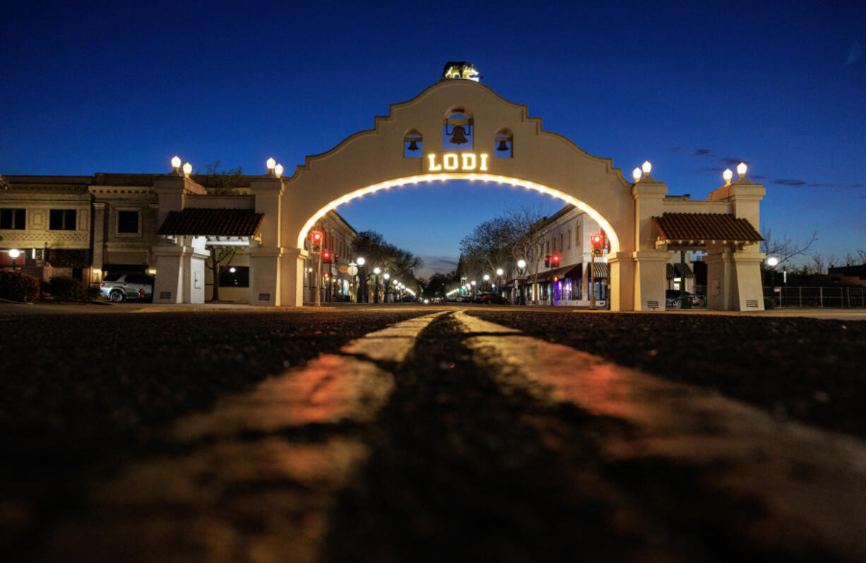 Lodi&rsquo;s iconic arch was built in 1907 as a symbol of agricultural and commercial growth which seems to counter what is happening in the region with the oversupply of wine grapes on March 26, 2024, in Lodi, California.