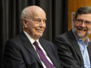 Former Governor Dan Evans (L) listens on stage next to John Carmichael, president of the Evergreen State College, during an event hosted by the Northwest Power and Conservation Council at the Evergreen State College in Olympia, April 9, 2024. Evans, 98, was Washington state&Ccedil;&fnof;&Ugrave;s 16th governor, from 1965 to 1977, and was a U.S. senator from 1983 to 1989.