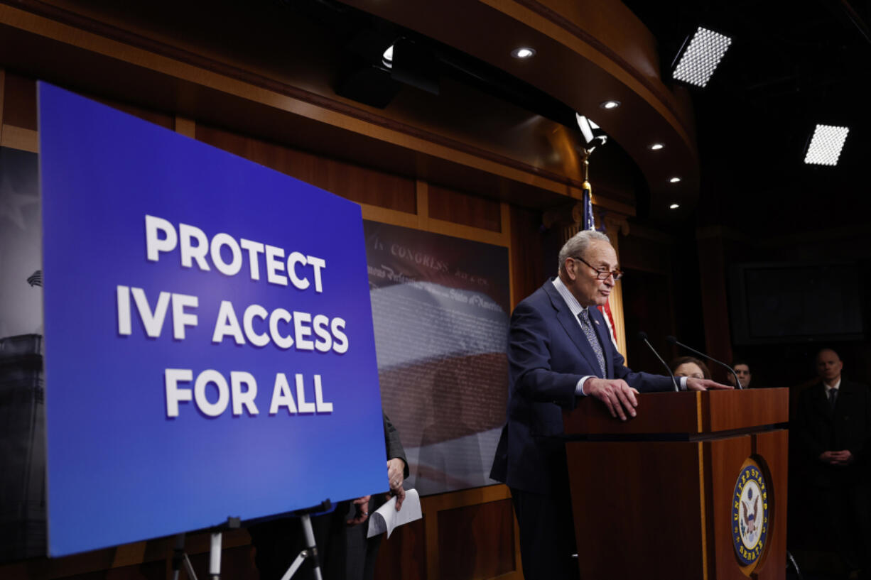 U.S. Senate Majority Leader Chuck Schumer (D-NY) speaks during a news conference at the U.S. Capitol on protections for access to in vitro fertilization on Feb. 27, 2024, in Washington, DC. During the news conference U.S. Sen. Tammy Duckworth (D-IL) said she would reintroduce her legislation &ldquo;Access to Family Building Act&rdquo; in response to Alabama&rsquo;s State Supreme Court ruling that stated frozen embryos created during IVF are considered children. The news conference was also attended by Sen. Tammy Baldwin (D-WI), Sen. Amy Klobuchar (D-MN), and Sen. Patty MUrray (D-WA).