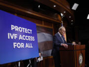 U.S. Senate Majority Leader Chuck Schumer (D-NY) speaks during a news conference at the U.S. Capitol on protections for access to in vitro fertilization on Feb. 27, 2024, in Washington, DC. During the news conference U.S. Sen. Tammy Duckworth (D-IL) said she would reintroduce her legislation &ldquo;Access to Family Building Act&rdquo; in response to Alabama&rsquo;s State Supreme Court ruling that stated frozen embryos created during IVF are considered children. The news conference was also attended by Sen. Tammy Baldwin (D-WI), Sen. Amy Klobuchar (D-MN), and Sen. Patty MUrray (D-WA).