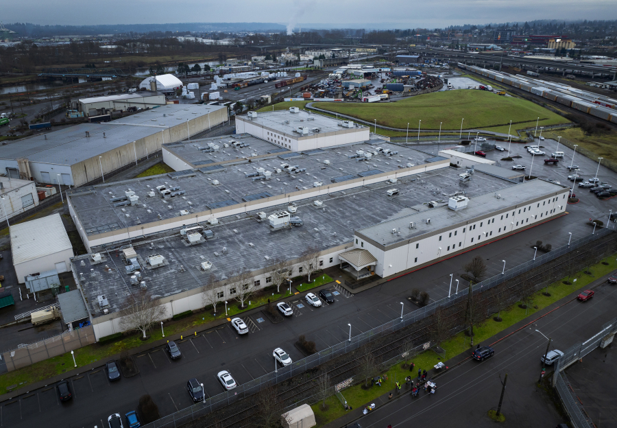 The Northwest ICE Processing Center, seen from the air, Sunday, Feb. 18, 2024, in Tacoma, Washington. Over a period of less than three months this year, the federal immigrant detention center has seen at least six, possibly seven, suicide attempts, according to audio and records of 911 calls.