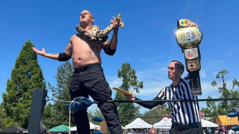 Mark Kernell of Vancouver, in the pro wrestling ring as King Naja _ king of the cobras.