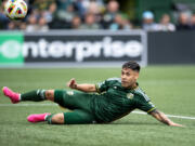 Portland Timbers forward Felipe Mora (9) watches as his shot finds the goal Saturday, April 13, 2024, during the Timbers’ 2-2 draw against Los Angeles FC at Providence Park in Portland.