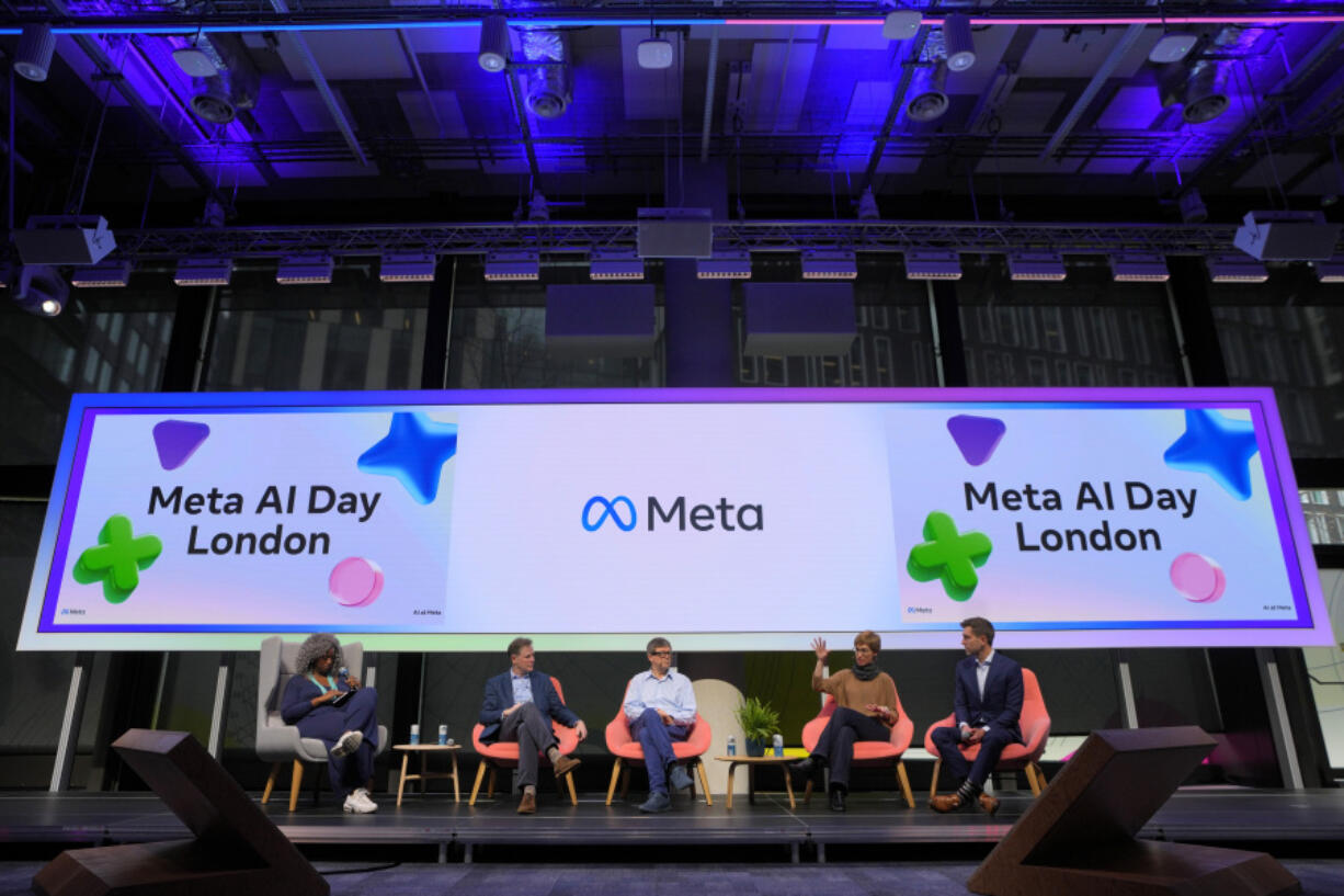 A panel, moderated by Dr. Anne-Marie Imafidon, from left, with Meta&rsquo;s Nick Clegg, president of global affairs, Yann LeCun, chief AI scientist, Joelle Pineau, vice president of AI research, and Chris Cox, chief product officer, is held at the Meta AI Day in London, April 9. Meta, Google and OpenAI, along with leading startups, are churning out new artificial intelligence language models and trying to persuade customers that they&rsquo;ve got the smartest, fastest or cheapest chatbot technology.